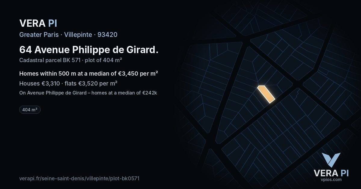 64 Avenue Philippe de Girard, Villepinte at night – the plot lit, the parcels around coloured by the prices near them