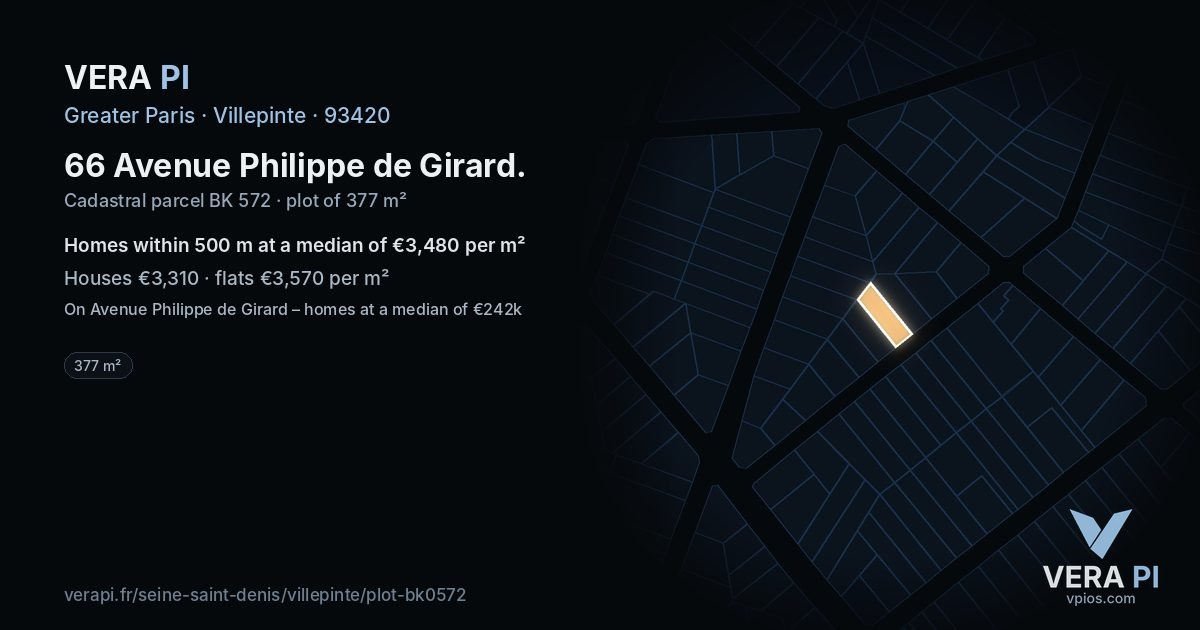 66 Avenue Philippe de Girard, Villepinte at night – the plot lit, the parcels around coloured by the prices near them