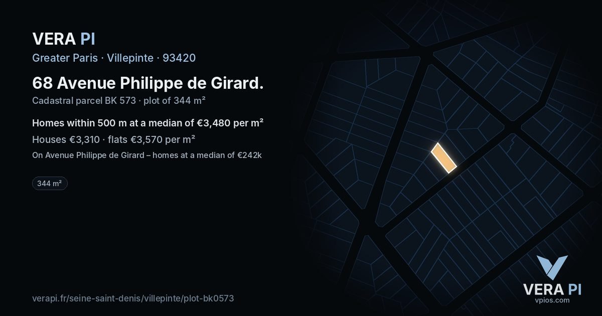 68 Avenue Philippe de Girard, Villepinte at night – the plot lit, the parcels around coloured by the prices near them