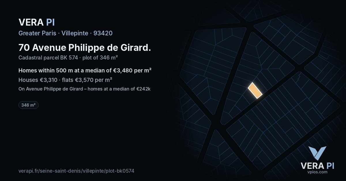 70 Avenue Philippe de Girard, Villepinte at night – the plot lit, the parcels around coloured by the prices near them