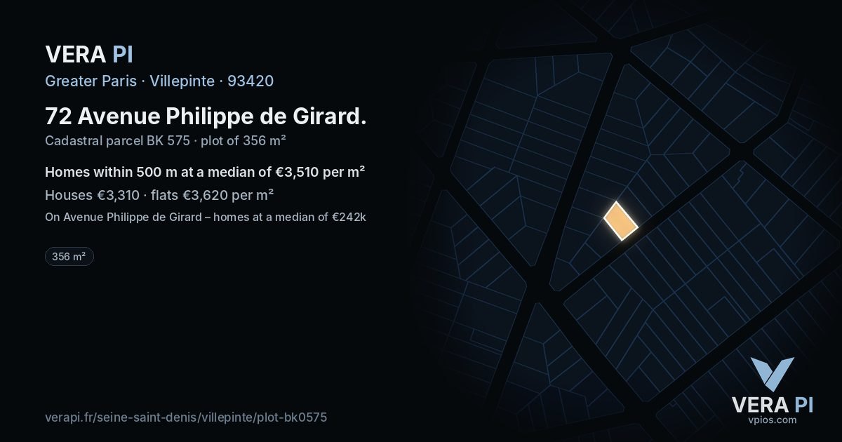 72 Avenue Philippe de Girard, Villepinte at night – the plot lit, the parcels around coloured by the prices near them