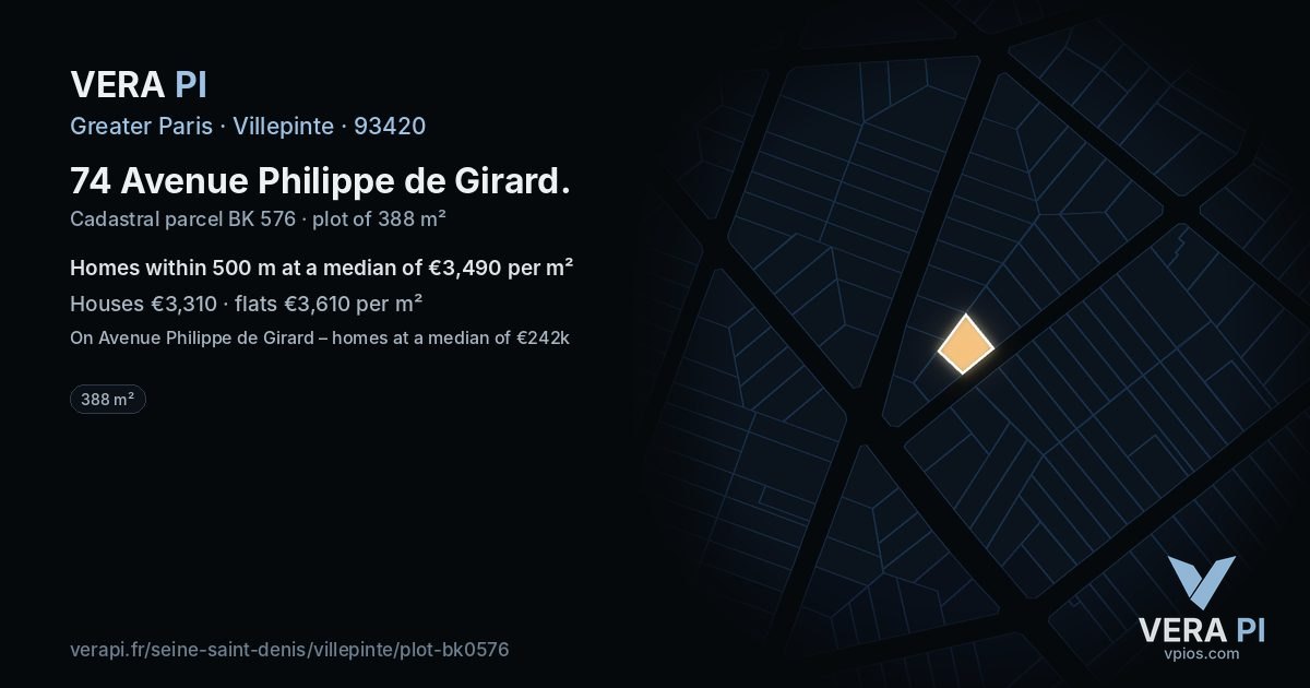 74 Avenue Philippe de Girard, Villepinte at night – the plot lit, the parcels around coloured by the prices near them