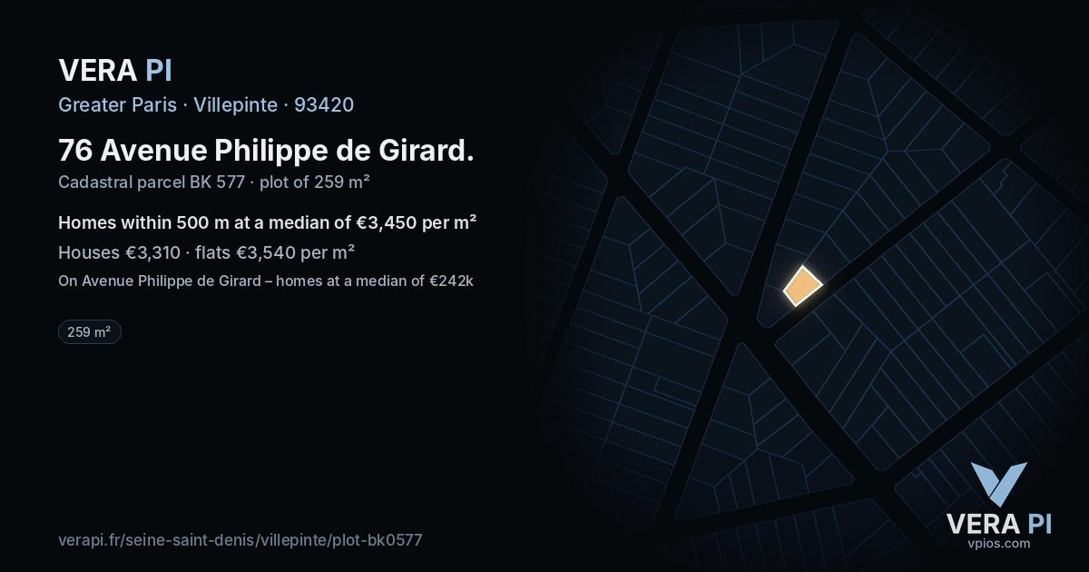 76 Avenue Philippe de Girard, Villepinte at night – the plot lit, the parcels around coloured by the prices near them