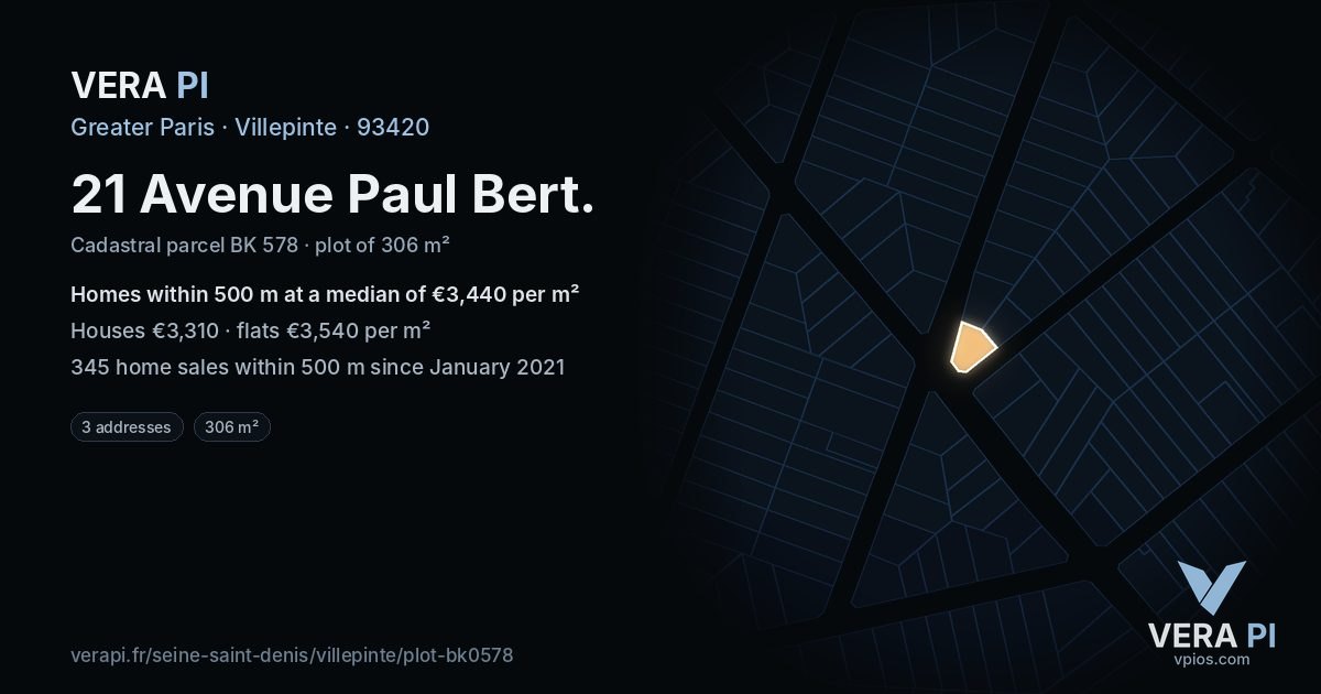 21 Avenue Paul Bert, Villepinte at night – the plot lit, the parcels around coloured by the prices near them