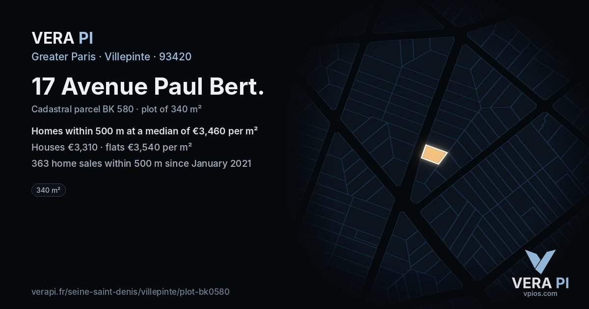 17 Avenue Paul Bert, Villepinte at night – the plot lit, the parcels around coloured by the prices near them