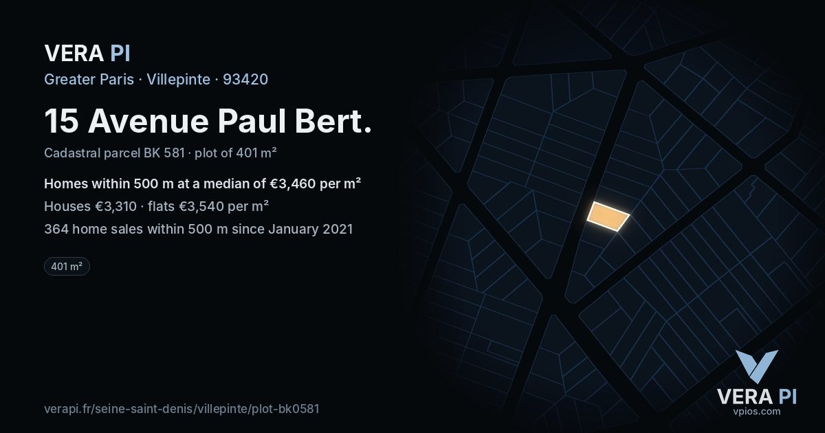 15 Avenue Paul Bert, Villepinte at night – the plot lit, the parcels around coloured by the prices near them