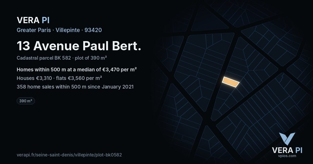 13 Avenue Paul Bert, Villepinte at night – the plot lit, the parcels around coloured by the prices near them