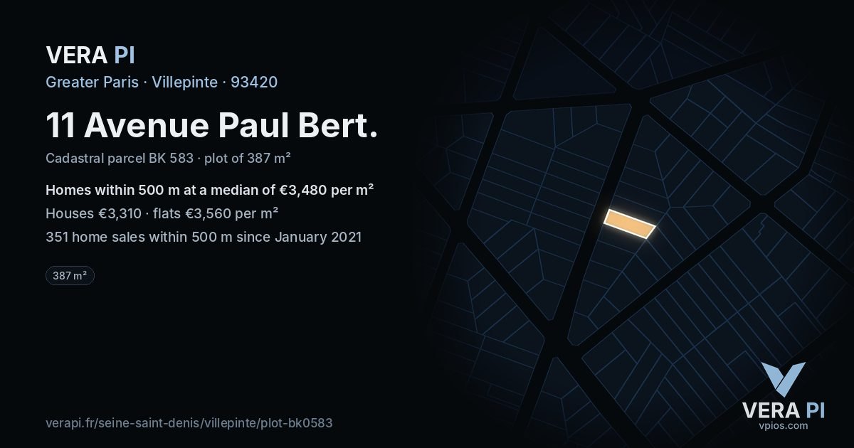 11 Avenue Paul Bert, Villepinte at night – the plot lit, the parcels around coloured by the prices near them