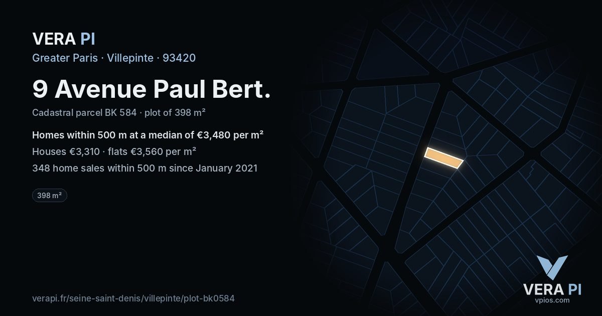 9 Avenue Paul Bert, Villepinte at night – the plot lit, the parcels around coloured by the prices near them