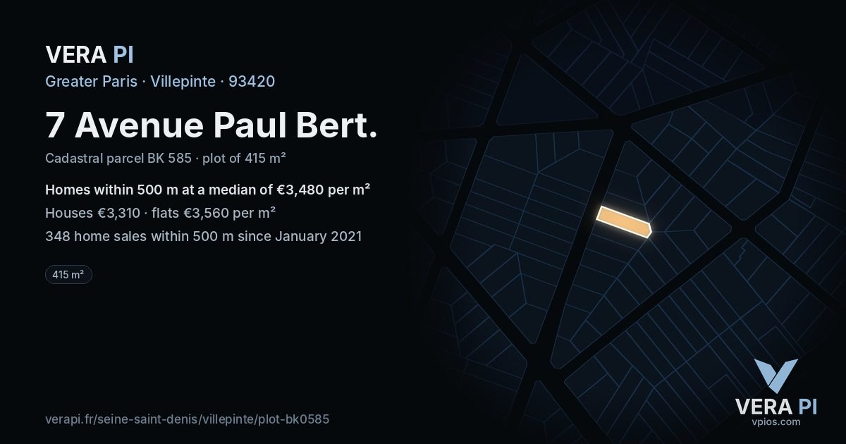 7 Avenue Paul Bert, Villepinte at night – the plot lit, the parcels around coloured by the prices near them