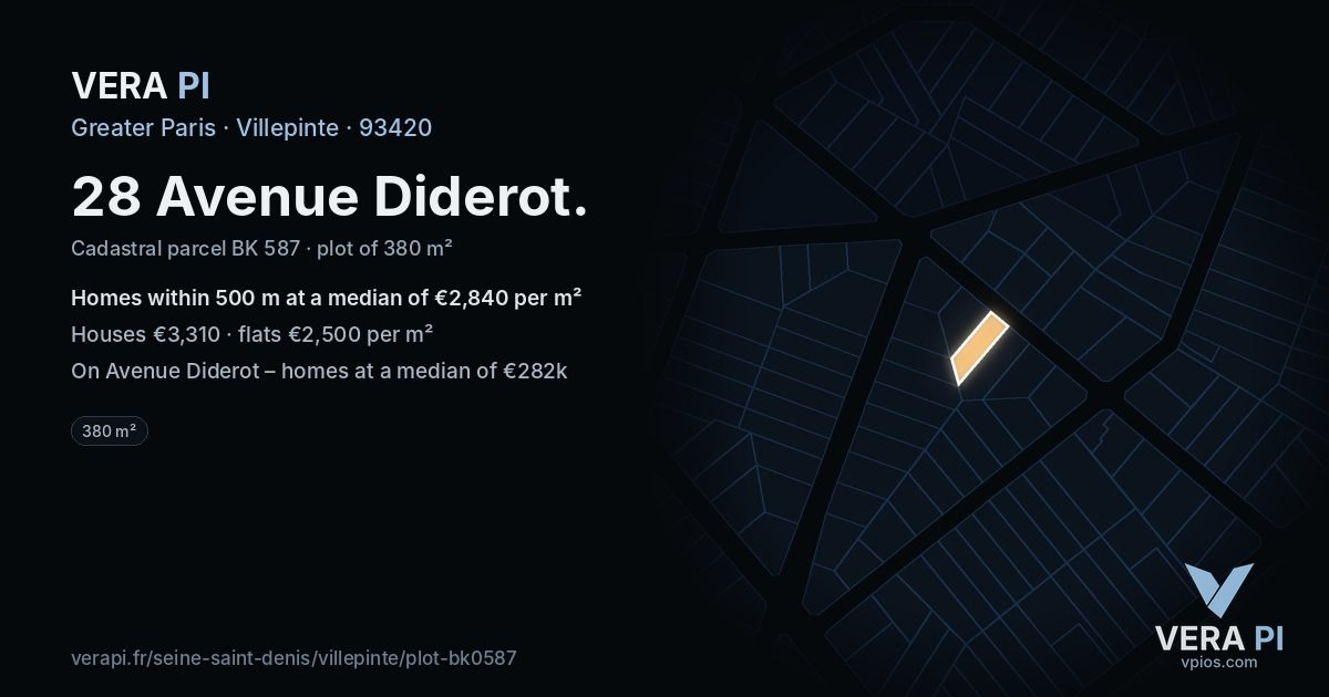 28 Avenue Diderot, Villepinte at night – the plot lit, the parcels around coloured by the prices near them