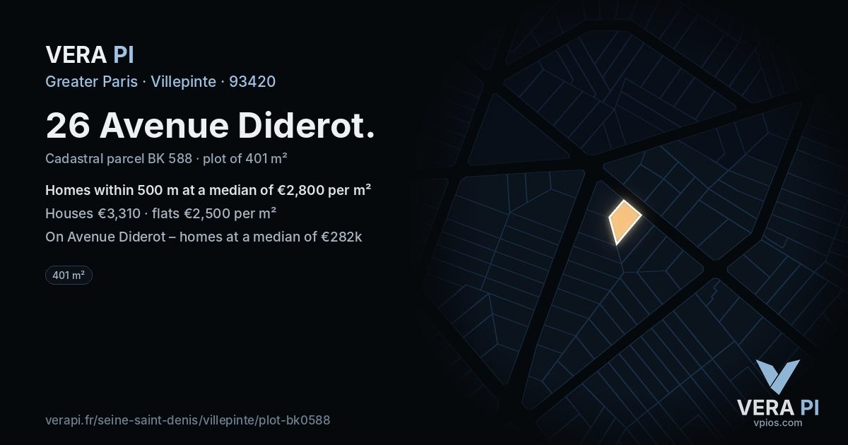 26 Avenue Diderot, Villepinte at night – the plot lit, the parcels around coloured by the prices near them