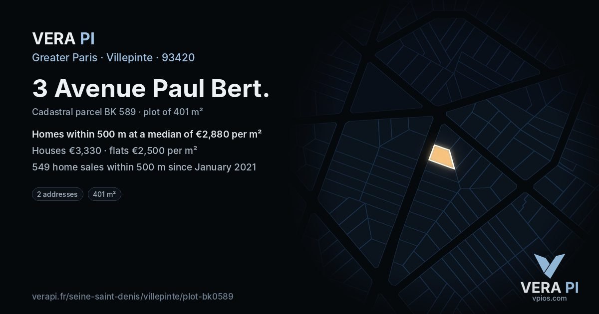 3 Avenue Paul Bert, Villepinte at night – the plot lit, the parcels around coloured by the prices near them