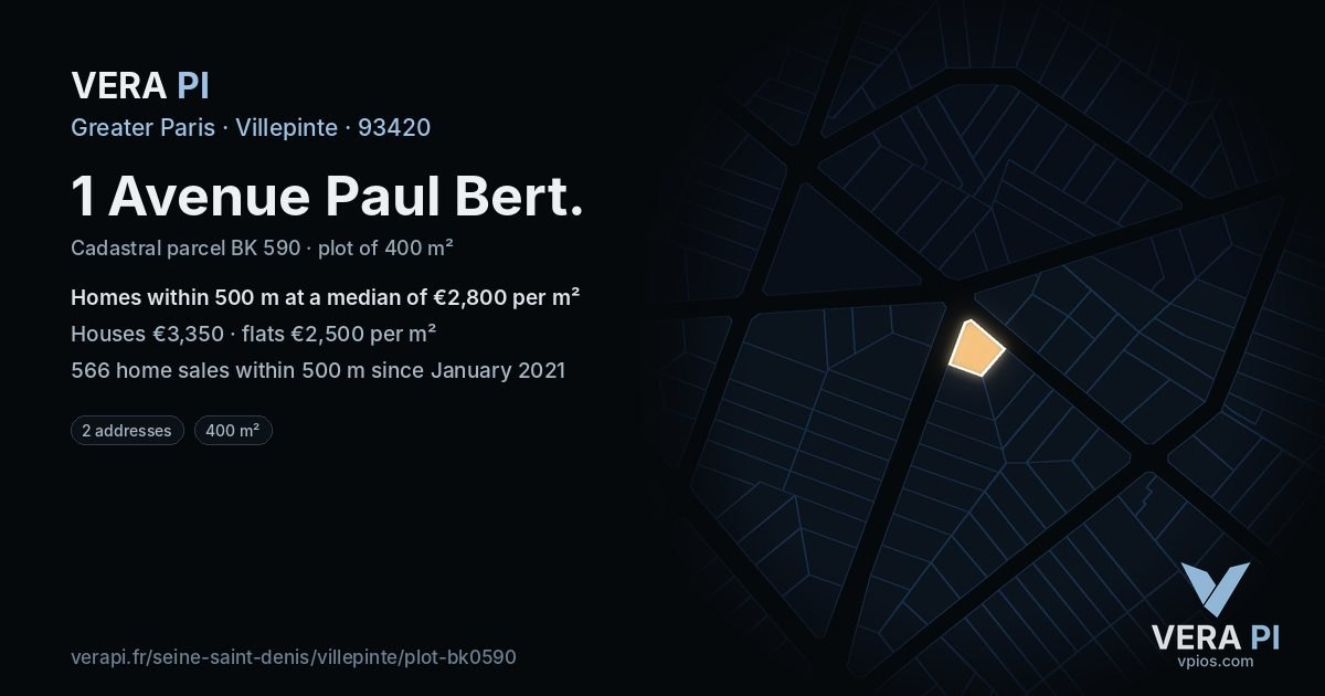 1 Avenue Paul Bert, Villepinte at night – the plot lit, the parcels around coloured by the prices near them