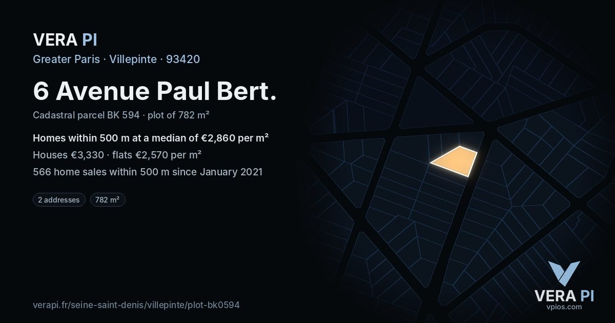 6 Avenue Paul Bert, Villepinte at night – the plot lit, the parcels around coloured by the prices near them