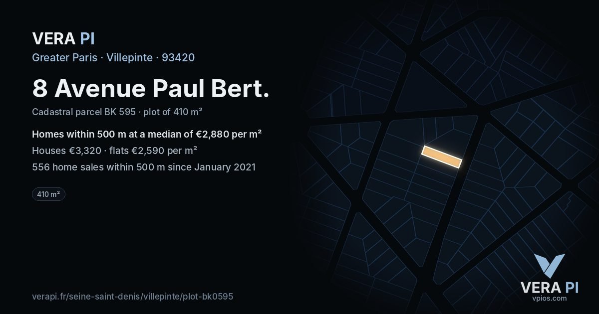 8 Avenue Paul Bert, Villepinte at night – the plot lit, the parcels around coloured by the prices near them