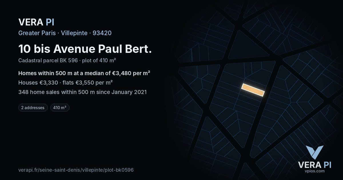 10 bis Avenue Paul Bert, Villepinte at night – the plot lit, the parcels around coloured by the prices near them