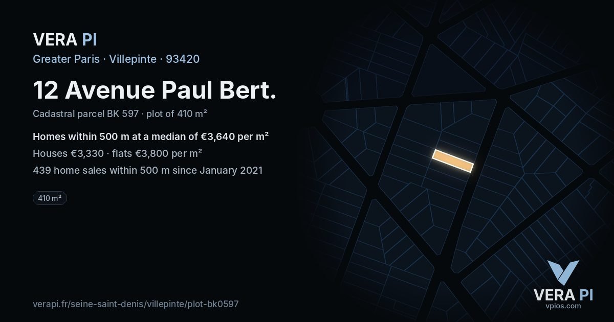 12 Avenue Paul Bert, Villepinte at night – the plot lit, the parcels around coloured by the prices near them