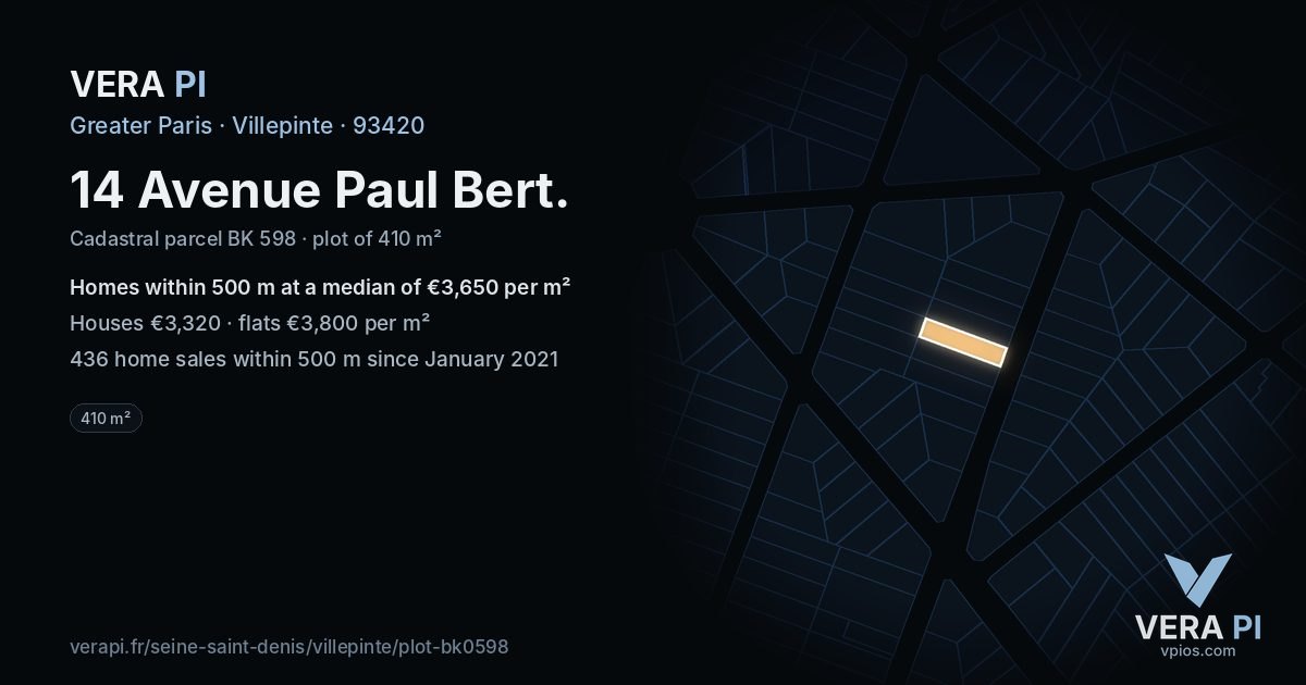 14 Avenue Paul Bert, Villepinte at night – the plot lit, the parcels around coloured by the prices near them