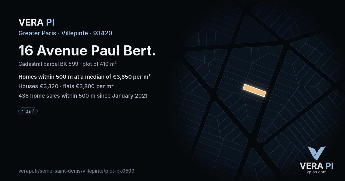 16 Avenue Paul Bert, Villepinte at night – the plot lit, the parcels around coloured by the prices near them