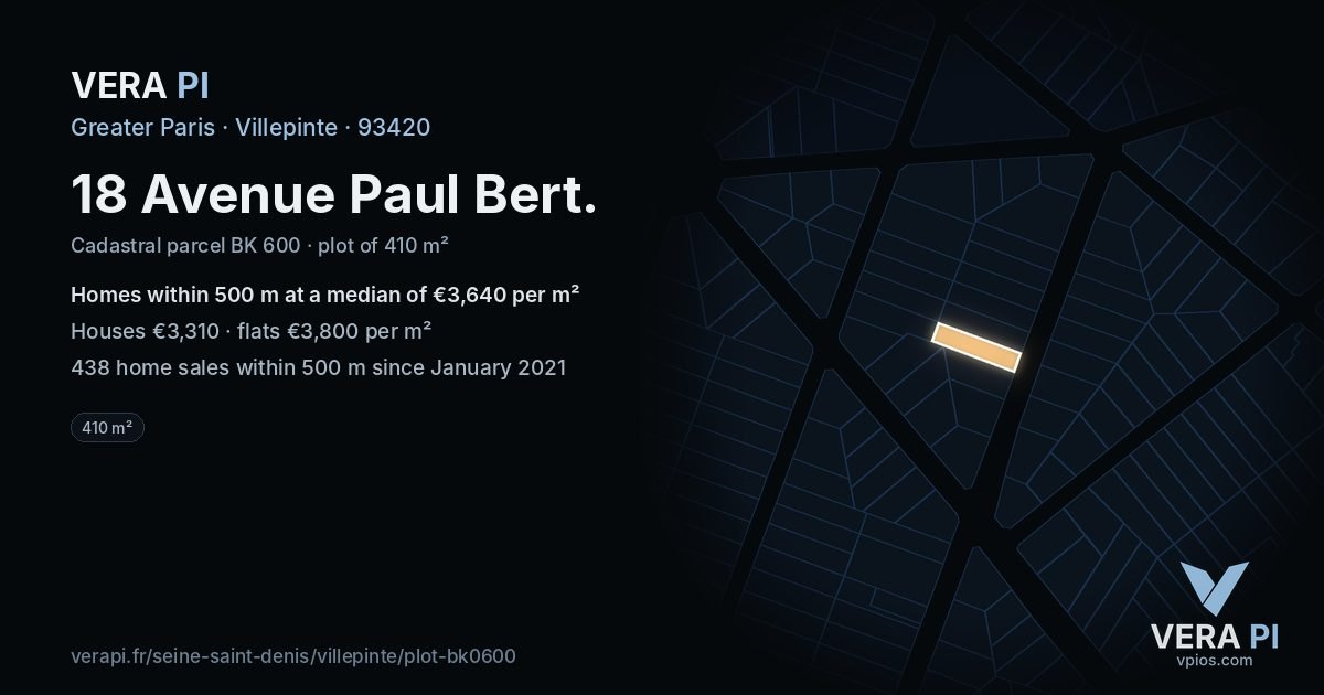 18 Avenue Paul Bert, Villepinte at night – the plot lit, the parcels around coloured by the prices near them