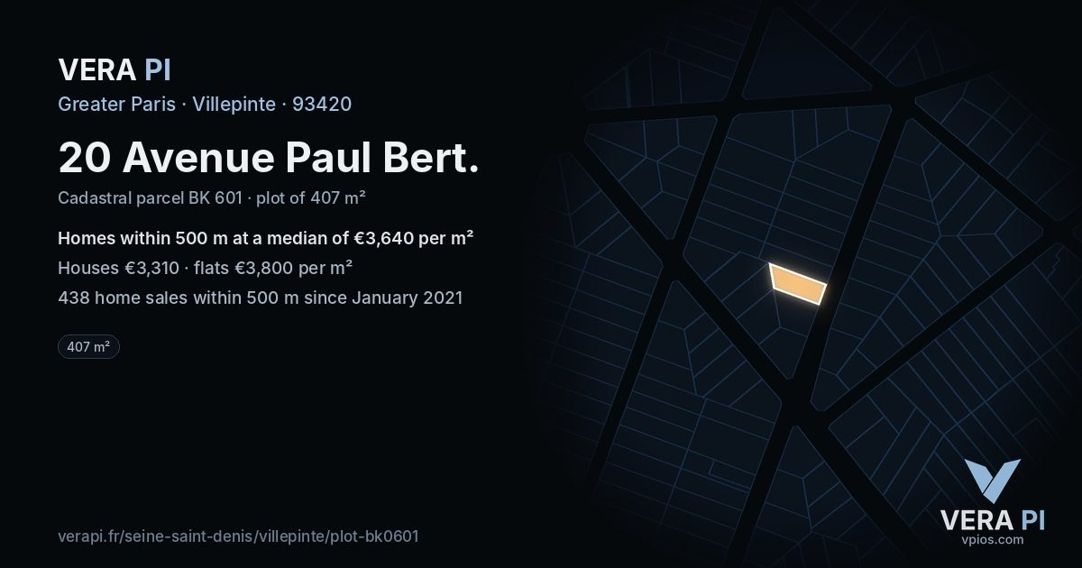 20 Avenue Paul Bert, Villepinte at night – the plot lit, the parcels around coloured by the prices near them