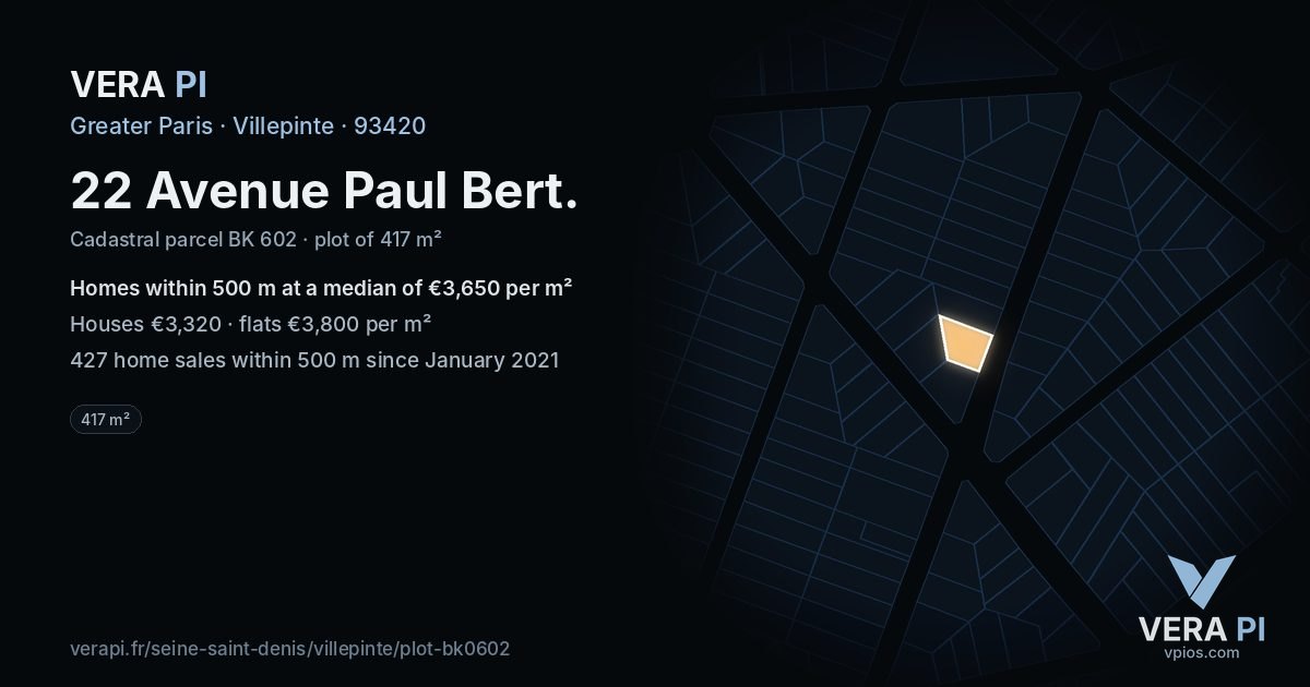 22 Avenue Paul Bert, Villepinte at night – the plot lit, the parcels around coloured by the prices near them