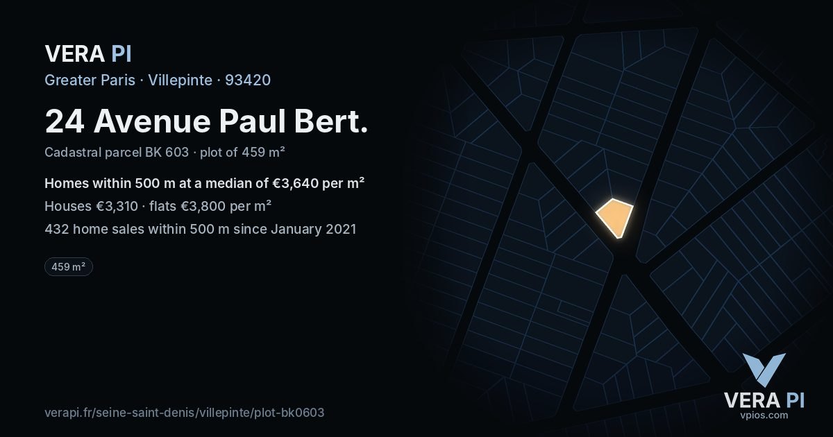 24 Avenue Paul Bert, Villepinte at night – the plot lit, the parcels around coloured by the prices near them