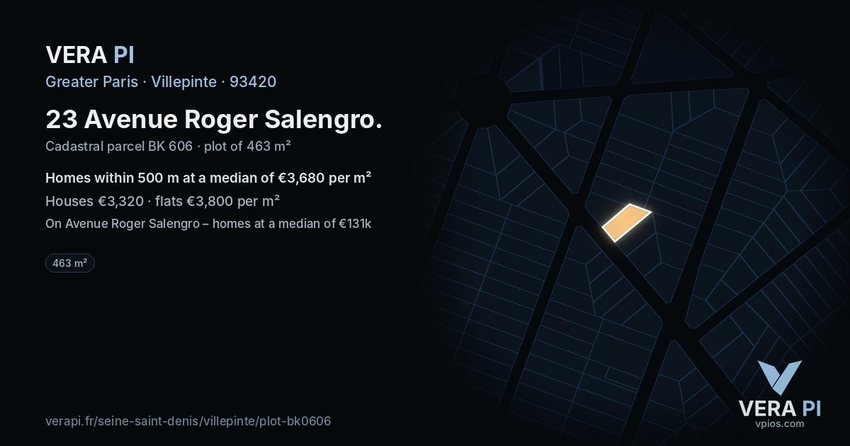 23 Avenue Roger Salengro, Villepinte at night – the plot lit, the parcels around coloured by the prices near them