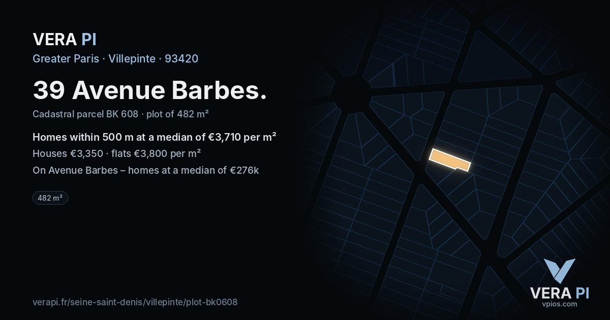 39 Avenue Barbes, Villepinte at night – the plot lit, the parcels around coloured by the prices near them