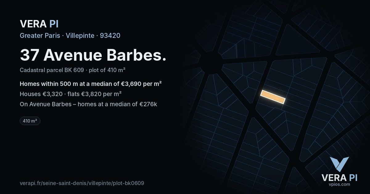 37 Avenue Barbes, Villepinte at night – the plot lit, the parcels around coloured by the prices near them