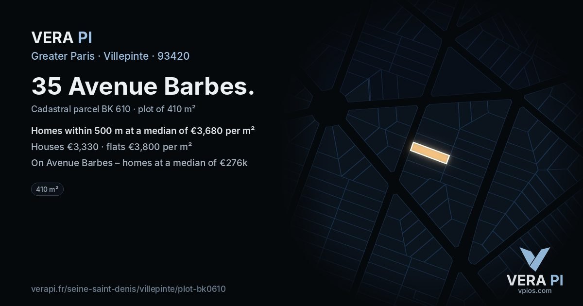 35 Avenue Barbes, Villepinte at night – the plot lit, the parcels around coloured by the prices near them