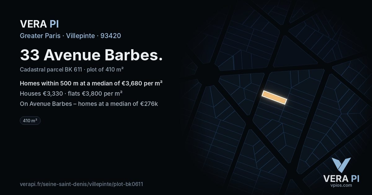 33 Avenue Barbes, Villepinte at night – the plot lit, the parcels around coloured by the prices near them