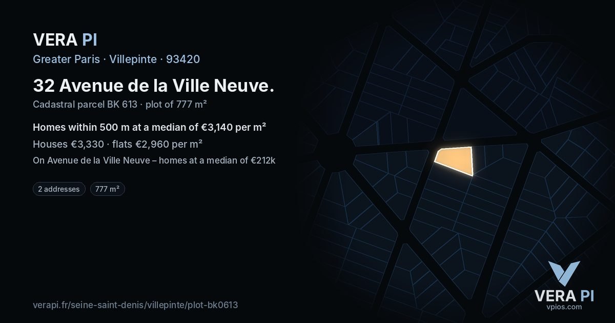32 Avenue de la Ville Neuve, Villepinte at night – the plot lit, the parcels around coloured by the prices near them
