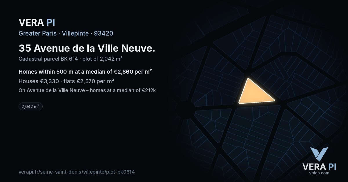 35 Avenue de la Ville Neuve, Villepinte at night – the plot lit, the parcels around coloured by the prices near them