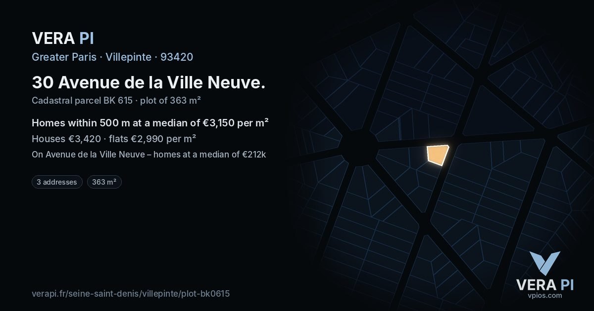 30 Avenue de la Ville Neuve, Villepinte at night – the plot lit, the parcels around coloured by the prices near them