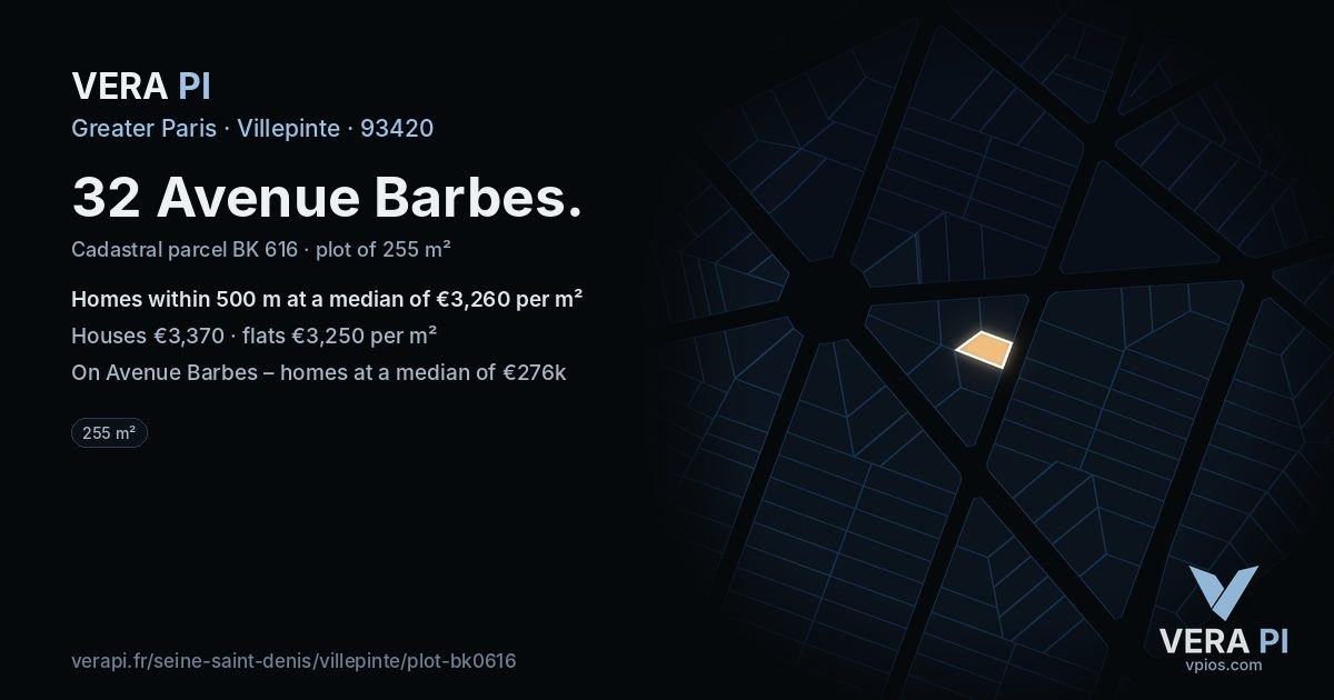 32 Avenue Barbes, Villepinte at night – the plot lit, the parcels around coloured by the prices near them