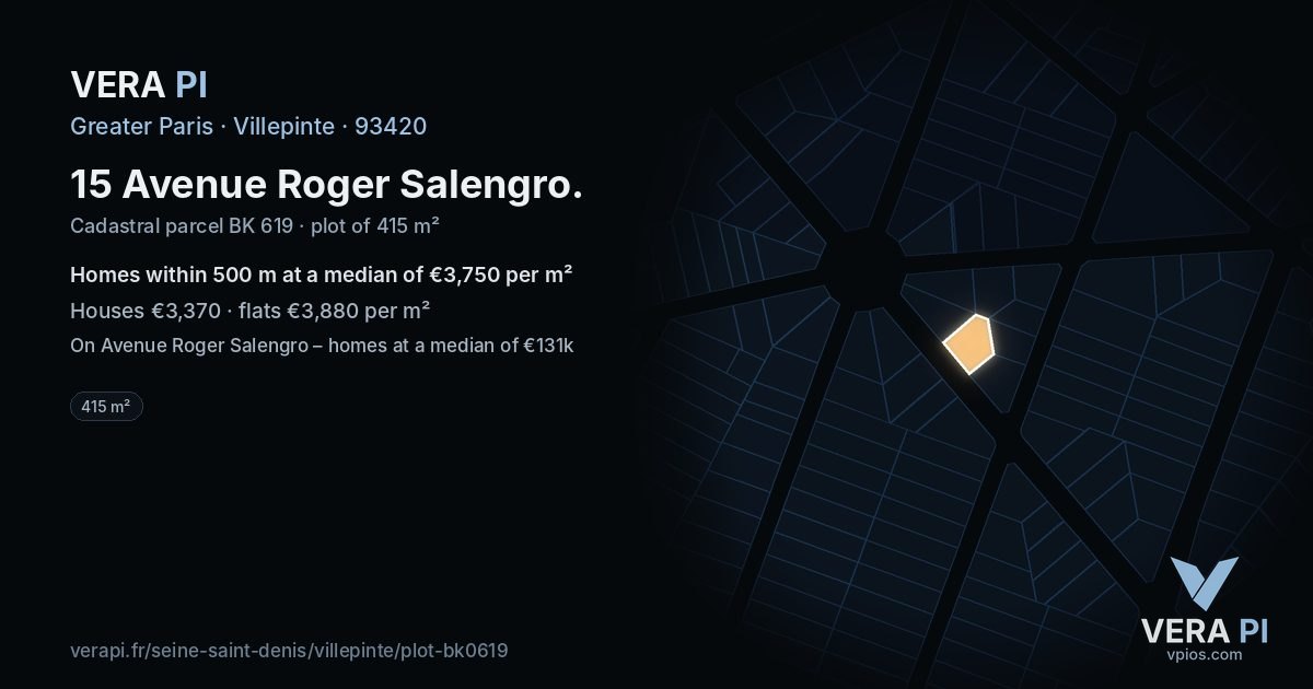 15 Avenue Roger Salengro, Villepinte at night – the plot lit, the parcels around coloured by the prices near them