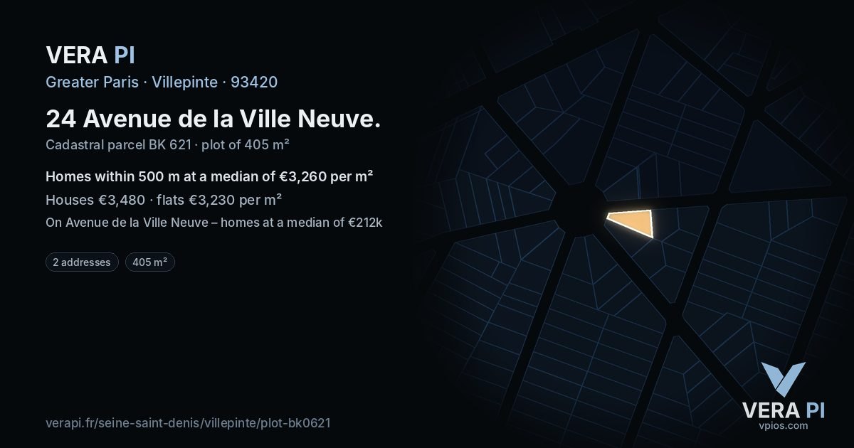 24 Avenue de la Ville Neuve, Villepinte at night – the plot lit, the parcels around coloured by the prices near them