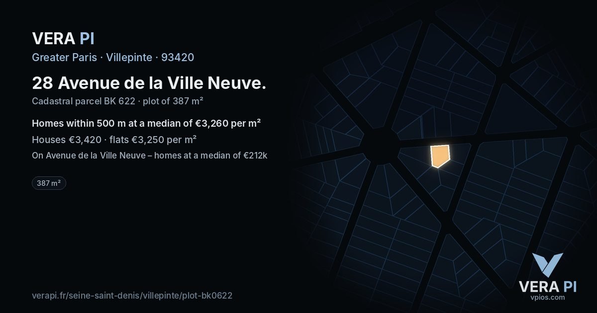 28 Avenue de la Ville Neuve, Villepinte at night – the plot lit, the parcels around coloured by the prices near them