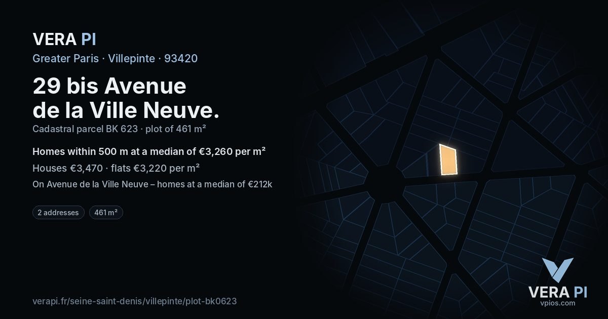 29 bis Avenue de la Ville Neuve, Villepinte at night – the plot lit, the parcels around coloured by the prices near them