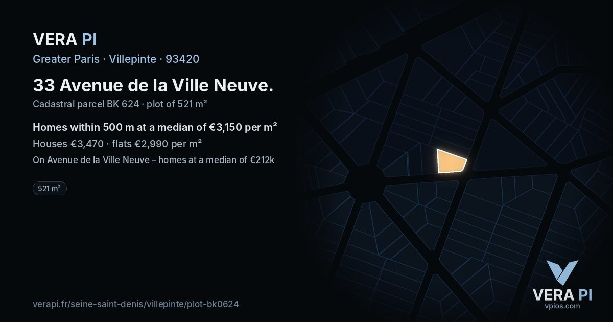 33 Avenue de la Ville Neuve, Villepinte at night – the plot lit, the parcels around coloured by the prices near them