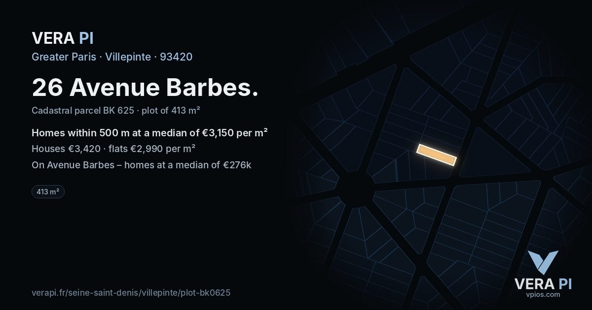26 Avenue Barbes, Villepinte at night – the plot lit, the parcels around coloured by the prices near them