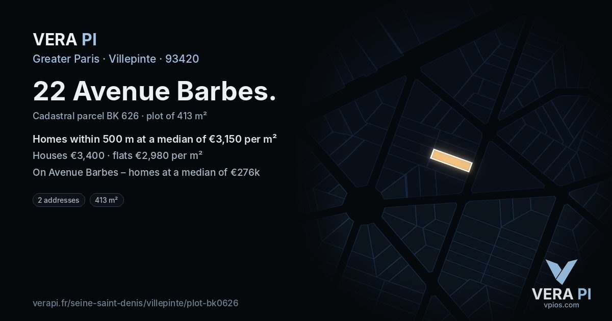 22 Avenue Barbes, Villepinte at night – the plot lit, the parcels around coloured by the prices near them