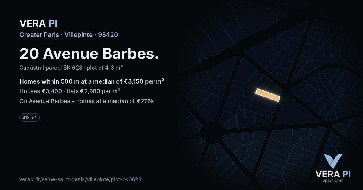 20 Avenue Barbes, Villepinte at night – the plot lit, the parcels around coloured by the prices near them