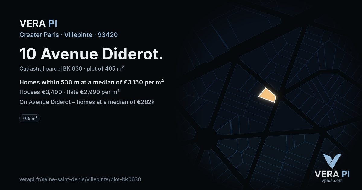 10 Avenue Diderot, Villepinte at night – the plot lit, the parcels around coloured by the prices near them