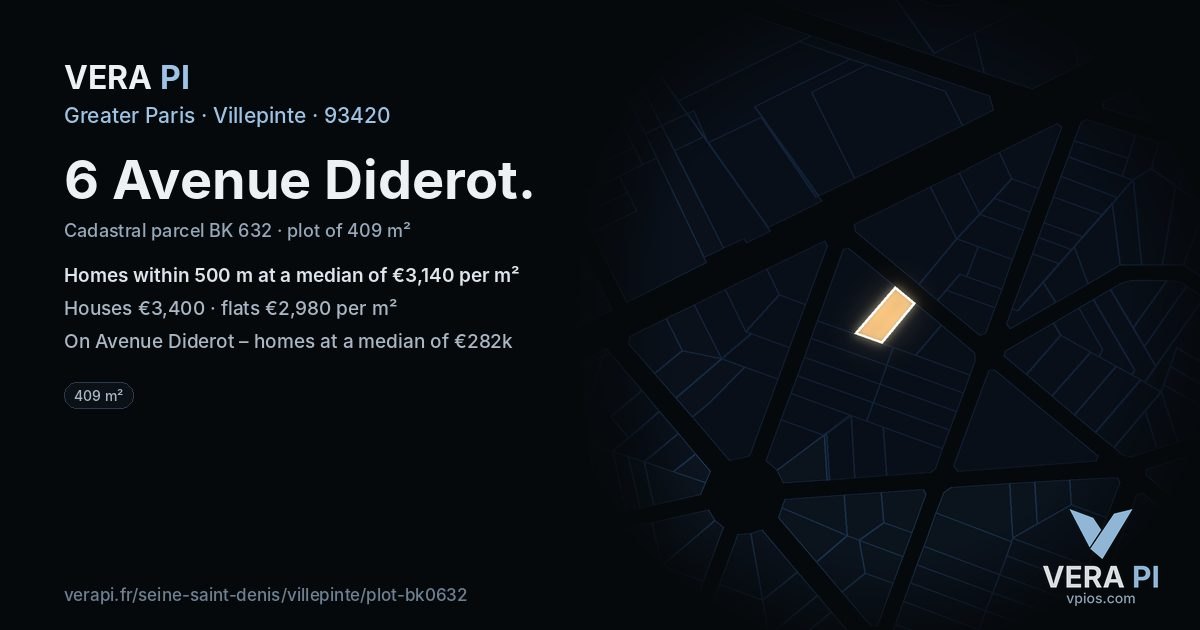 6 Avenue Diderot, Villepinte at night – the plot lit, the parcels around coloured by the prices near them