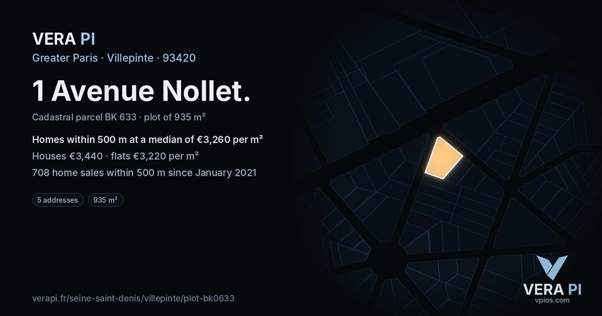1 Avenue Nollet, Villepinte at night – the plot lit, the parcels around coloured by the prices near them