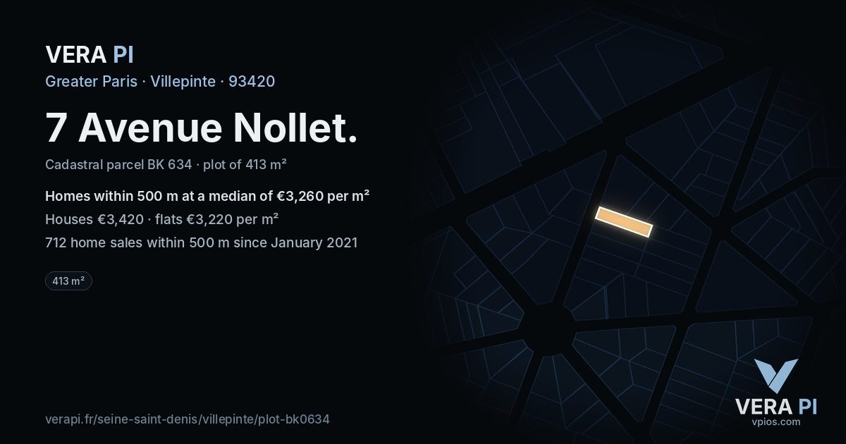 7 Avenue Nollet, Villepinte at night – the plot lit, the parcels around coloured by the prices near them