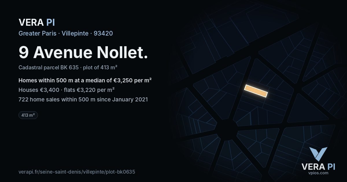 9 Avenue Nollet, Villepinte at night – the plot lit, the parcels around coloured by the prices near them